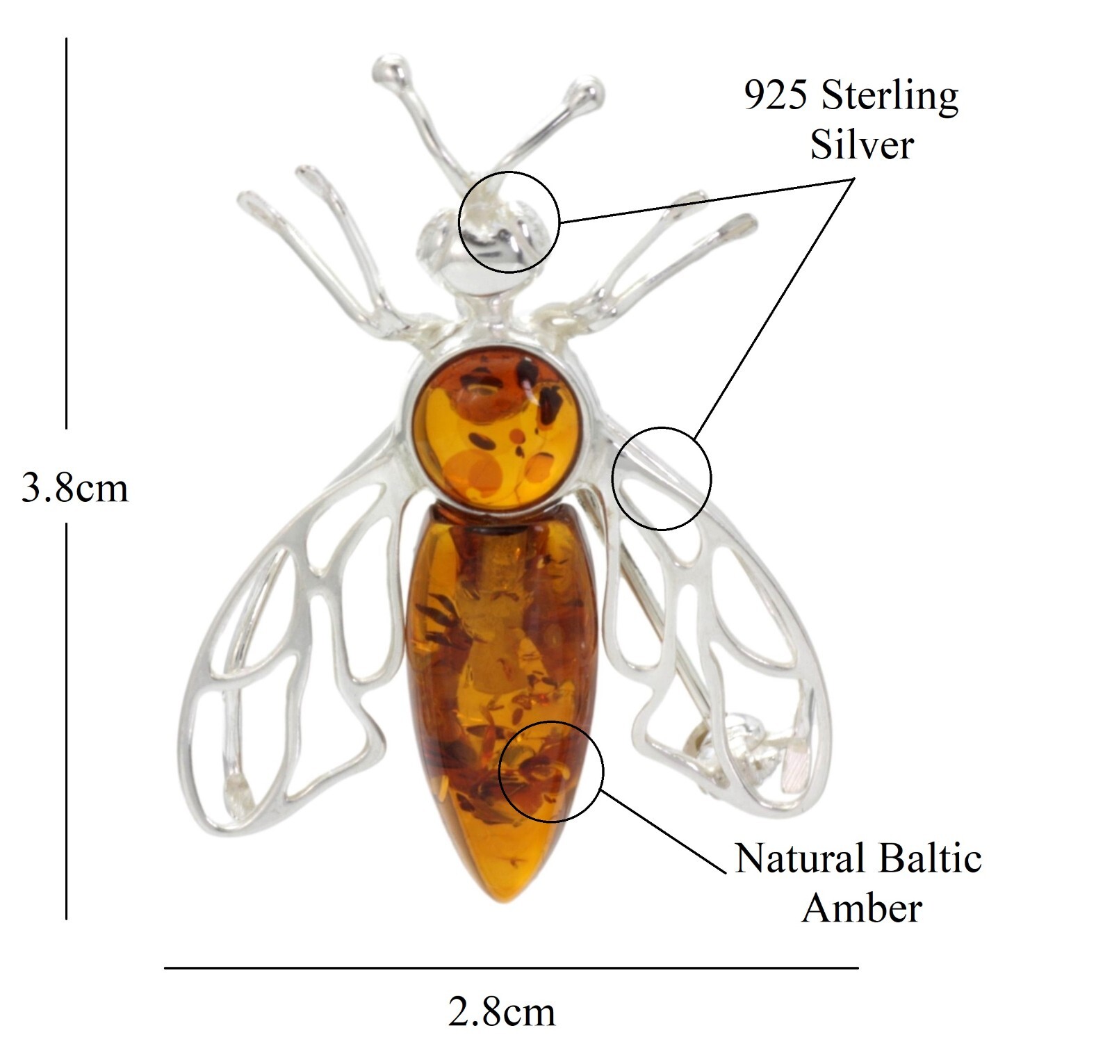 NATURAL BALTIC AMBER STERLING SILVER 925 Bee BROOCH - PIN Jewellery Woman