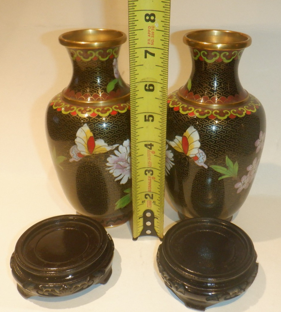 Pair of Vintage Cloisonne' Brass & Enamel Chinese Floral Vases w/Wood Stands