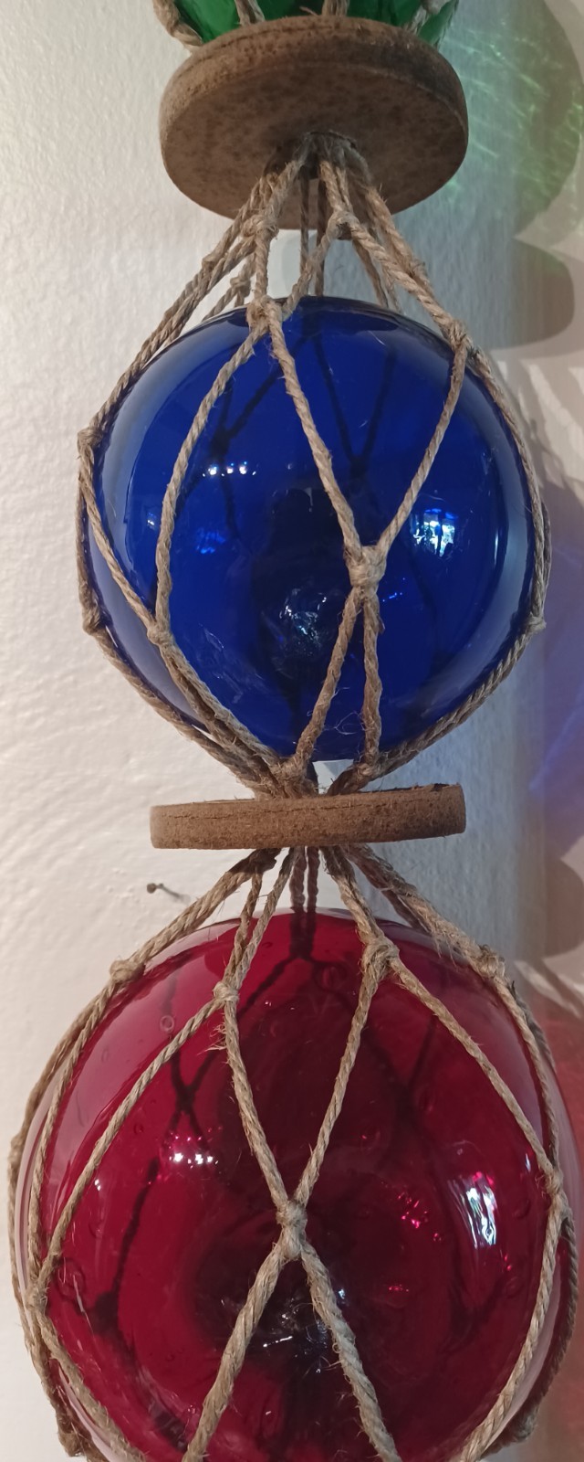 3 Hand Blown Glass Fishing Floats Netted Nautical Fish Net Decor Red Blue Teal