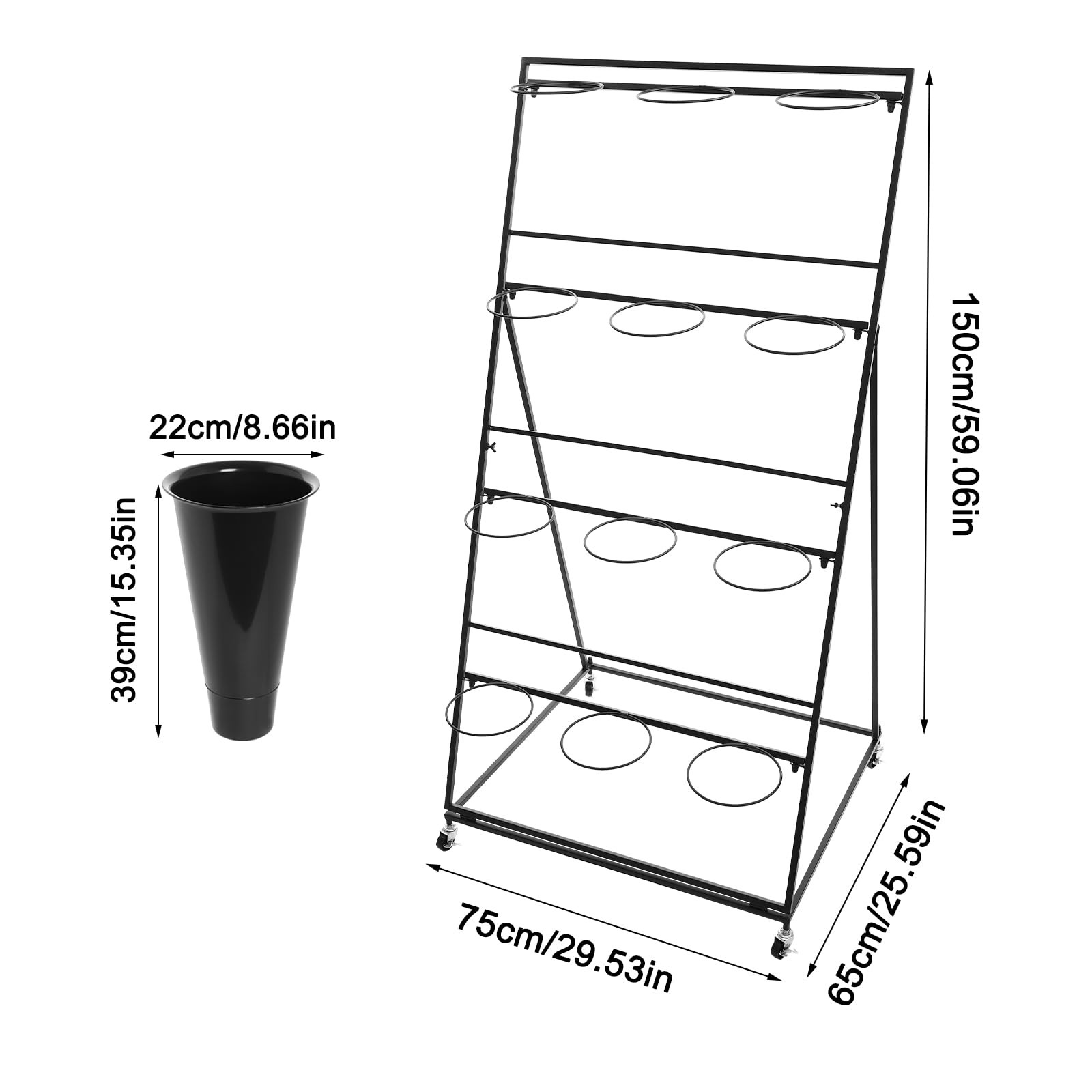 4 Tier Metal Flower Stand with 12 Buckets and Wheels for Florist Garden Outdoor