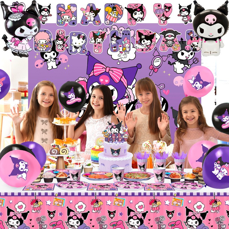 114 Pcs Kuromi Party Decorations Sanrio Birthday Party Plates Balloons Backdrop