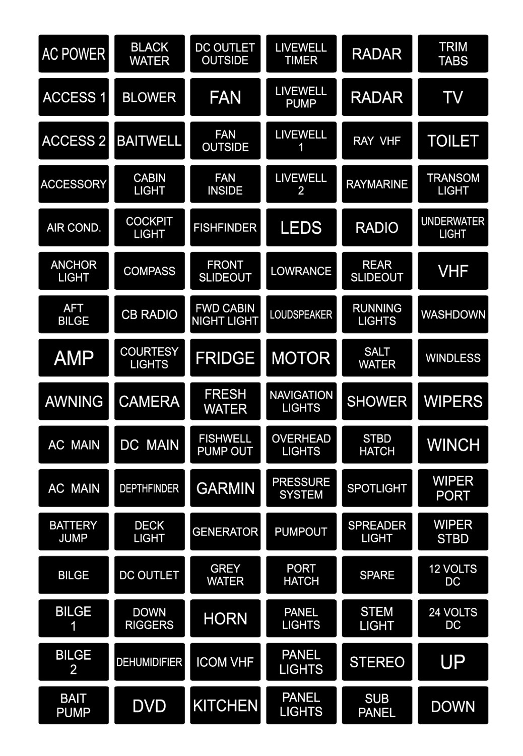 96 Black / White Boat Marine Electric Dash Panel Switch Label Sticker Decal Pack