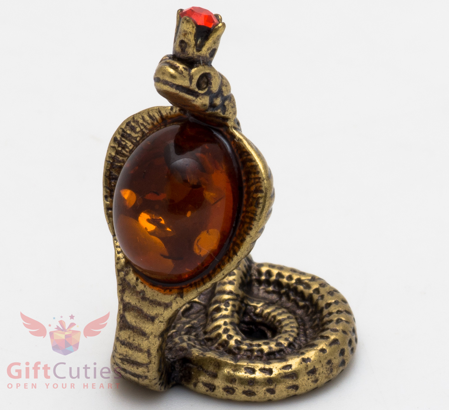 Solid Brass Amber Figurine Amulet Hood Flared Indian Cobra Snake IronWork