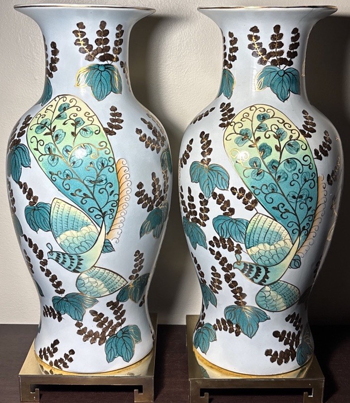 Beautiful Pair of Large Chinese Jingdezhen Porcelain Vases on Brass Stands 16”