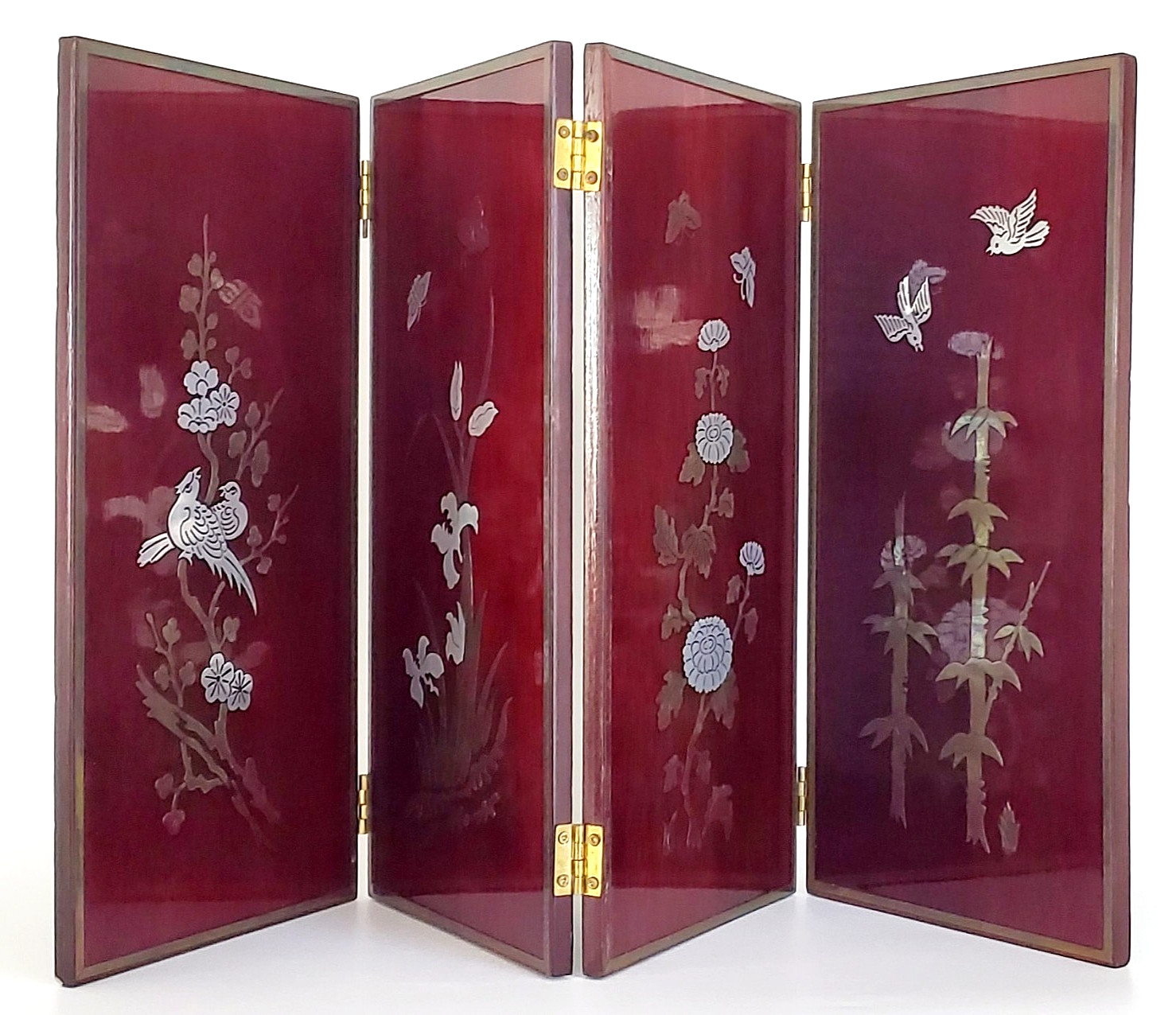 VTG JAPANESE RED LACQUER QUARTER FOLD TABLE SCREEN PANEL SILVER INLAY CHARACTERS