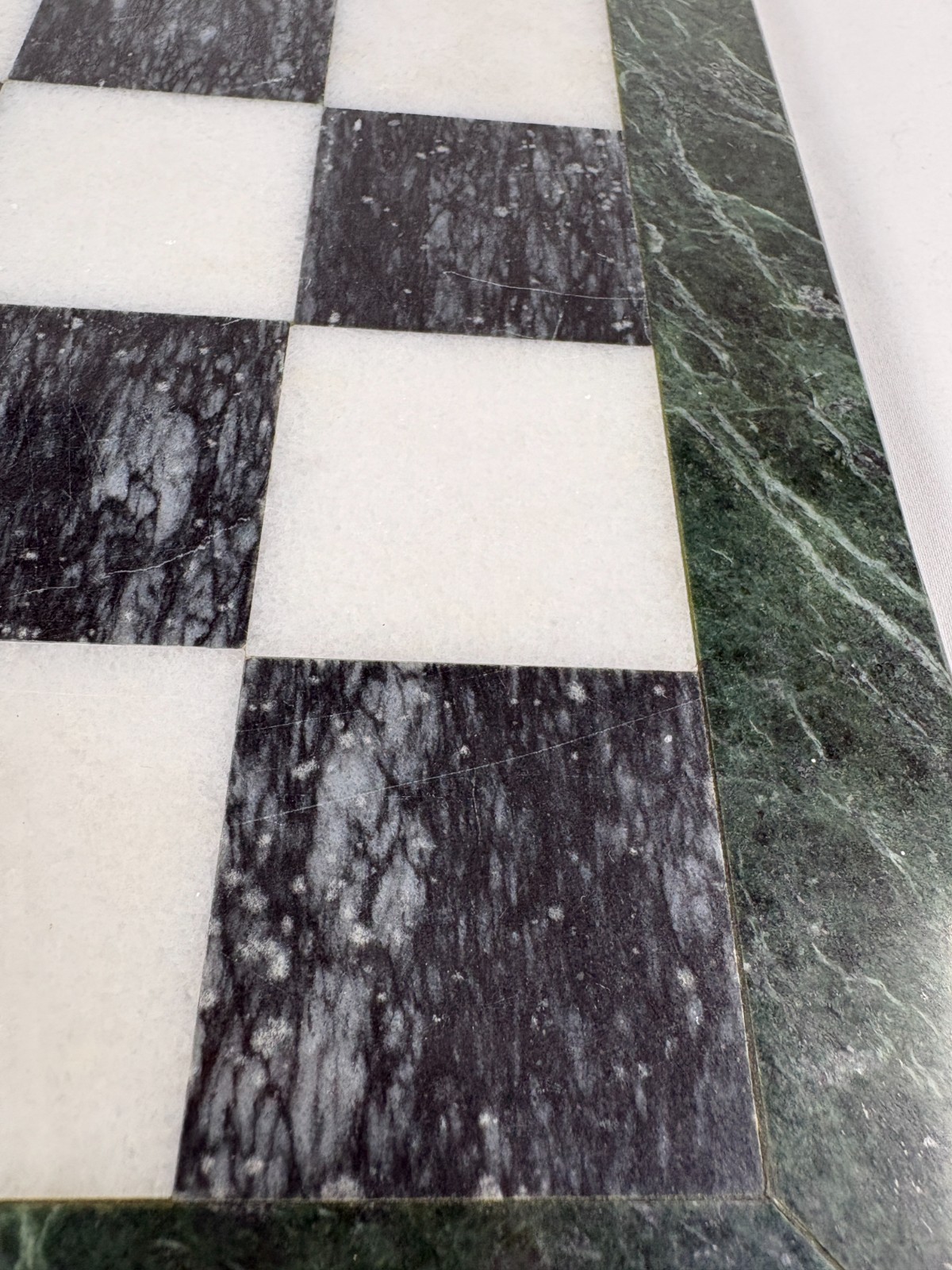 Marble Chess Board Black White With Green Border Stone 15 Inch Vintage Used
