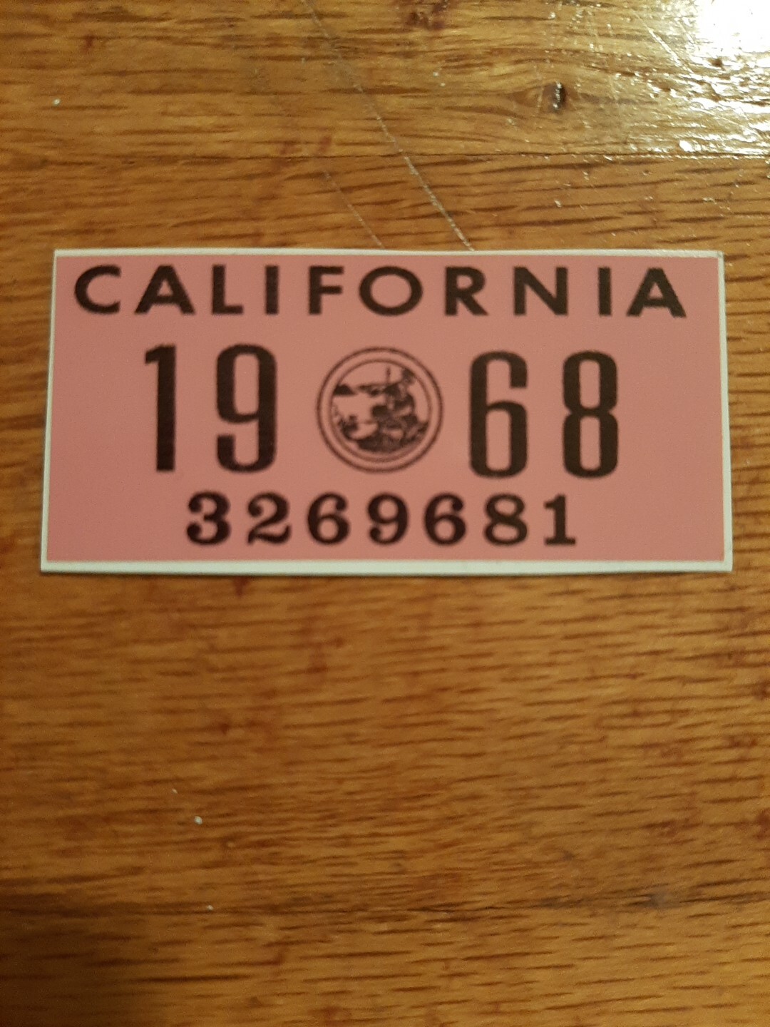 1968 California License Plate Registration Sticker, YOM, CA DMV