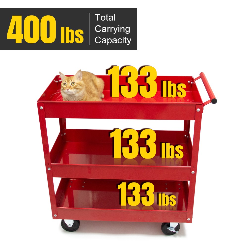 Torin Service Utility Cart Heavy Duty 3 Shelf Tier, 400 lbs Rolling Trolley