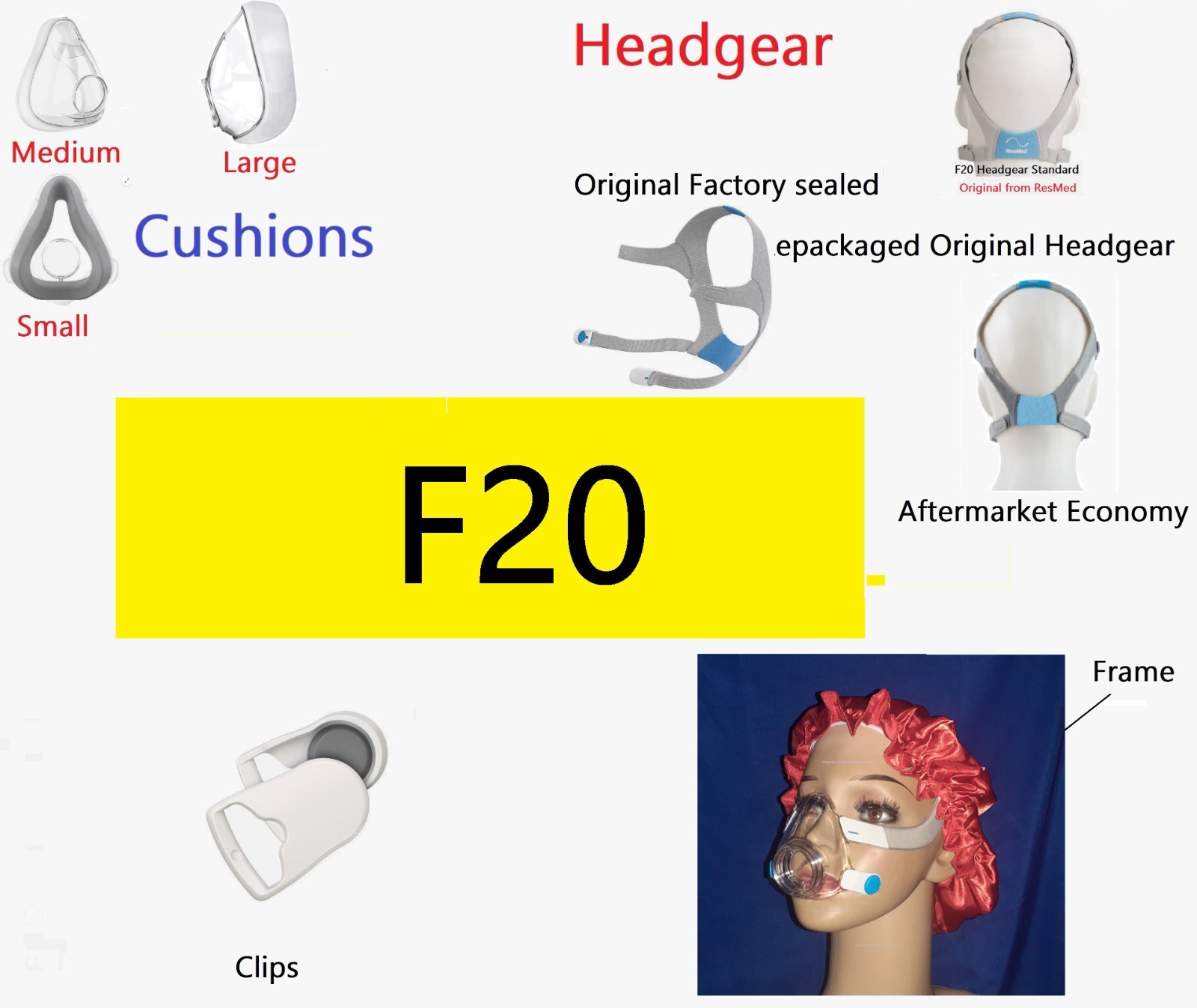 F20 Cushion Headgear/Frame/Swivel Adapter/Clips