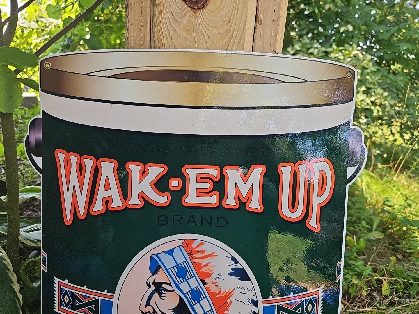 LARGE VINTAGE WAKE-EM UP COFFEE PORCELAIN SIGN 24" X 16" VERY HEAVY SIGN