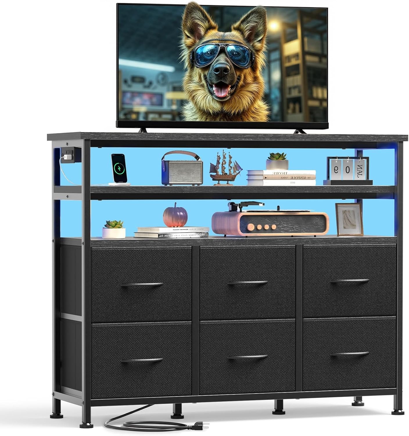 LED TV Stand with 6 Fabric Drawers Power Outlets USB Ports Adjustable LED Lights