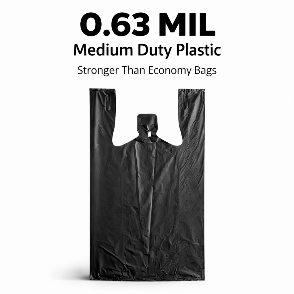 Black T-Shirt Bags 10x5x18 0.63 Mil Medium Duty Plastic Grocery Retail Bags Bulk