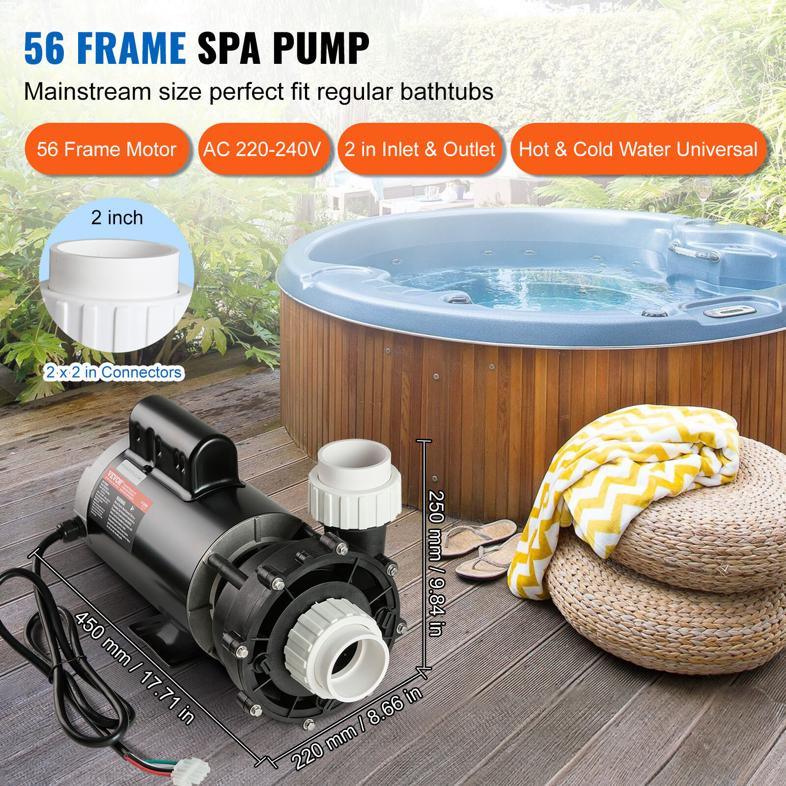 VEVOR 2 Speed SPA Pump 56-Frame Hot Tub Pump 3 HP/200 GPM or 0.4 HP/100 GPM