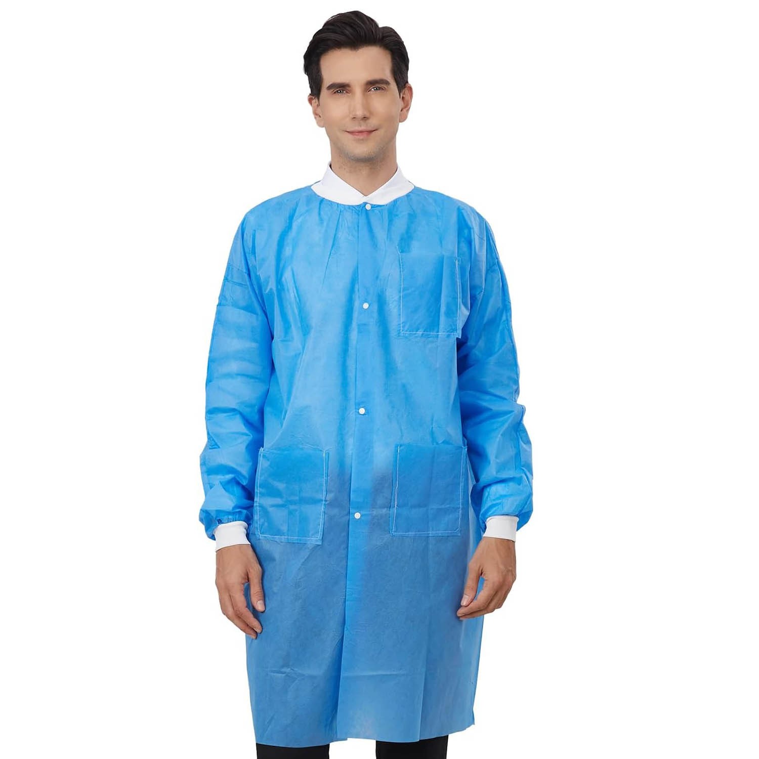 Case of 50 Medical Disposable SMS Lab Coat Gown Blue, 35gsm, With Pockets