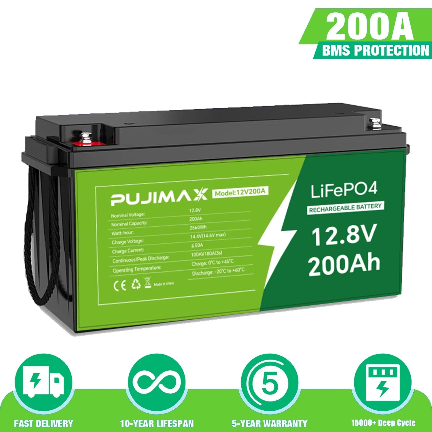 PUJIMAX 12V 200Ah LiFePO4 Lithium Battery 15000+ Deep Cycle BMS for Solar RV NEW