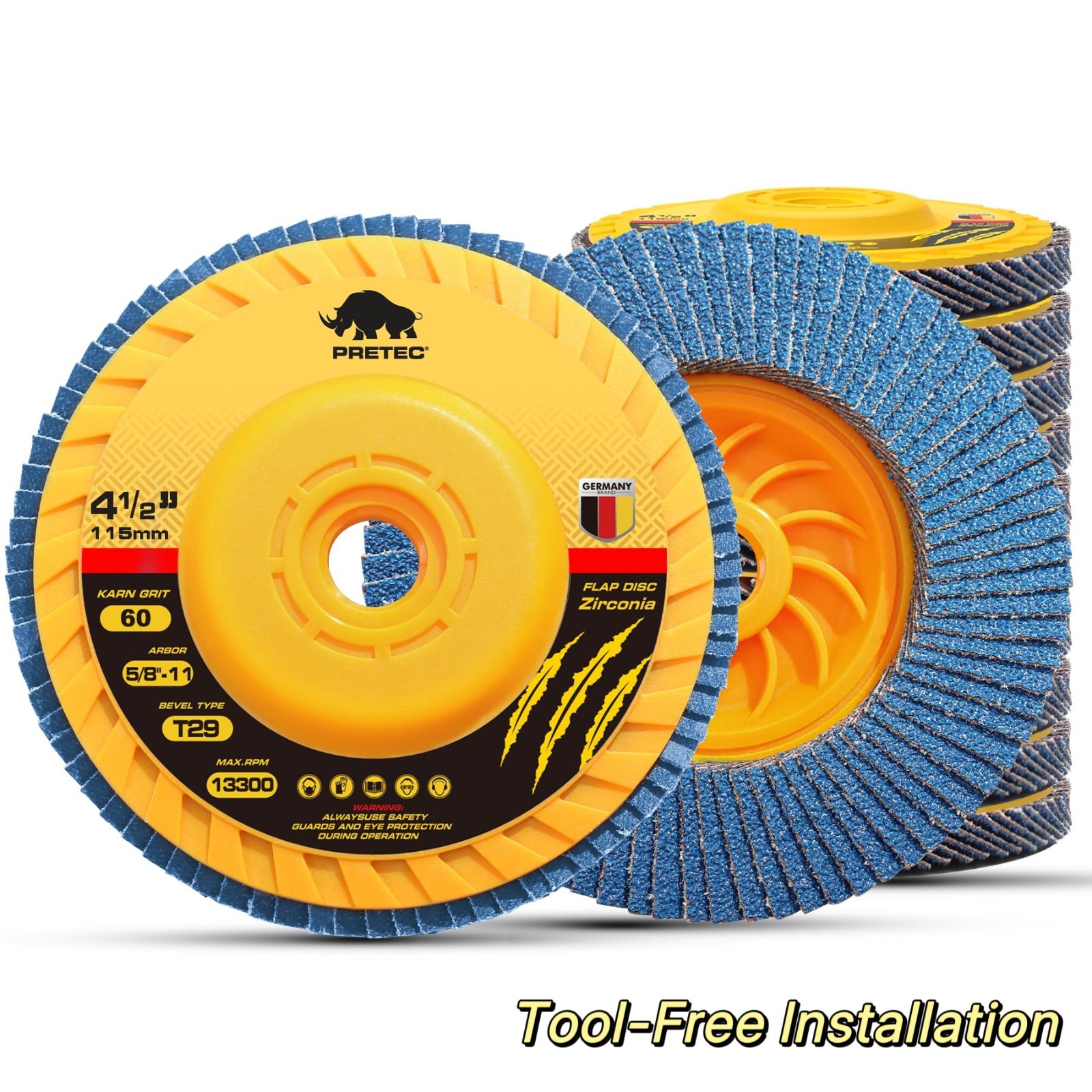 20PCS 4-1/2" T29 Flap Discs 60 Grit Zirconia Tool-Free Angle Grinder Grinding