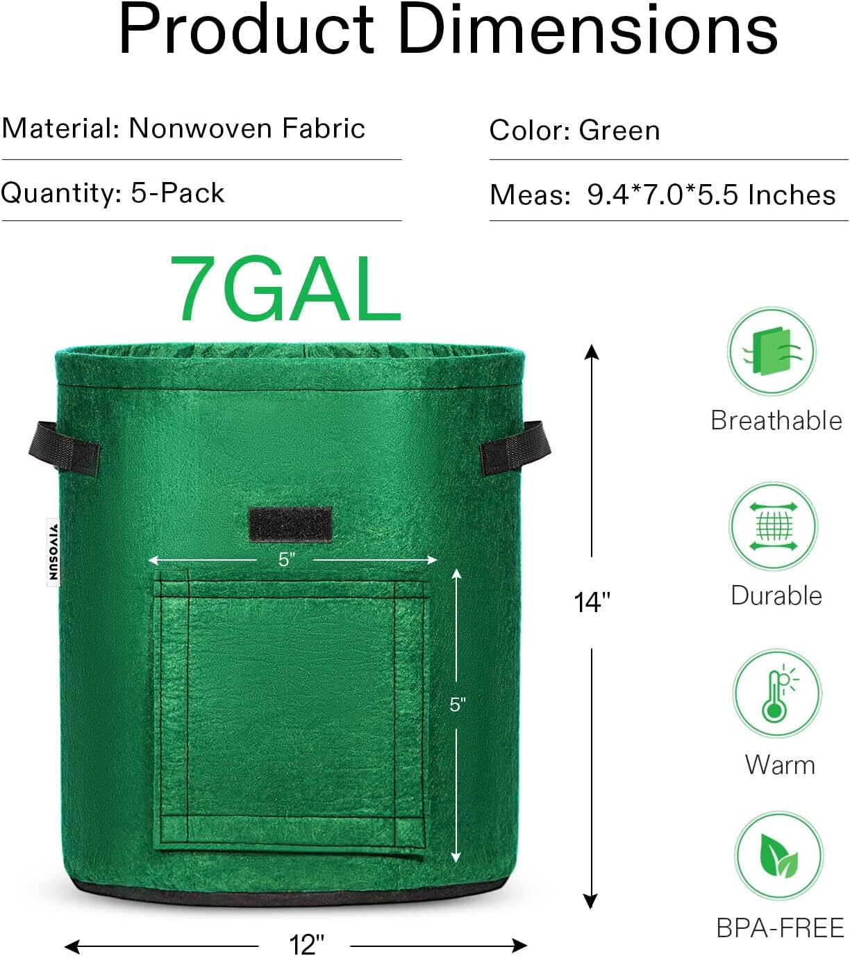 VIVOSUN 5-Pack 7Gallon Potato Grow Bags Fabric Pots w/ Handle and Roll-up Window