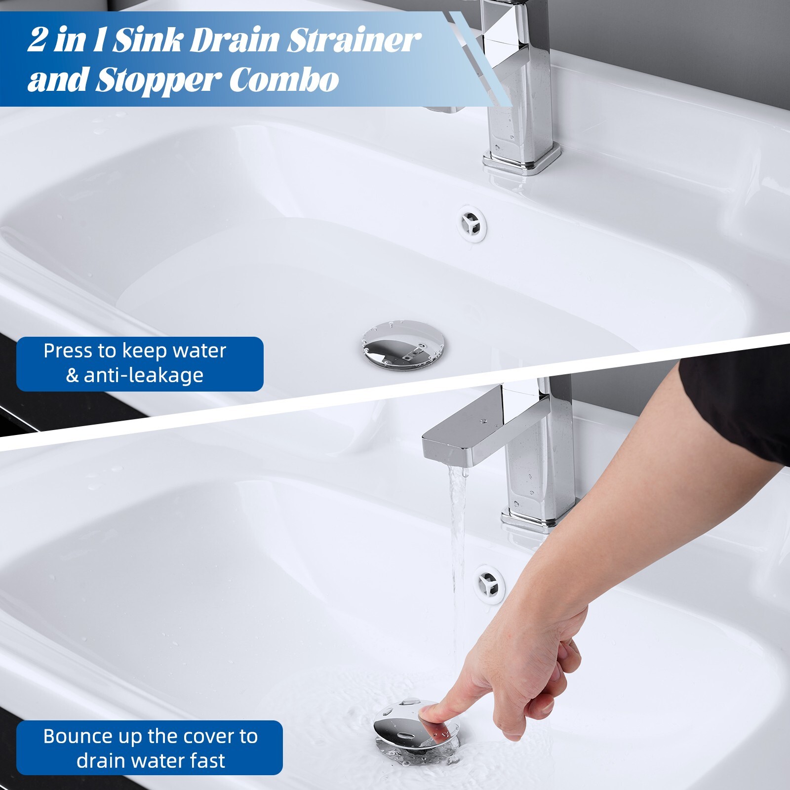 2-in-1 Bathroom Sink Stopper Universal Pop-Up Drain Strainer