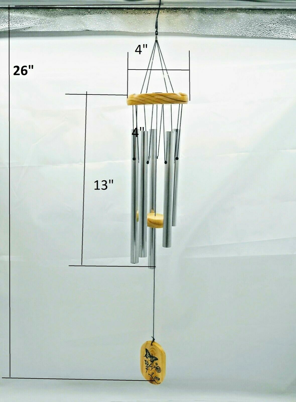 Wind Chimes Natural Wood & Metal Love Wind Chime 5 Tubes Wooden 26" Windchimes