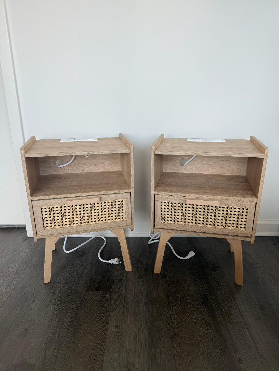 Set of 2 Brand New Night Stands Beige Wood Color Drawer Storage Powered Outlets!