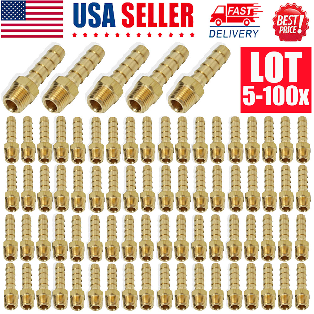 Lot 5-100X 1/4 In Hose Barb to 1/8 Inch NPT Male Thread Fitting Brass Connector
