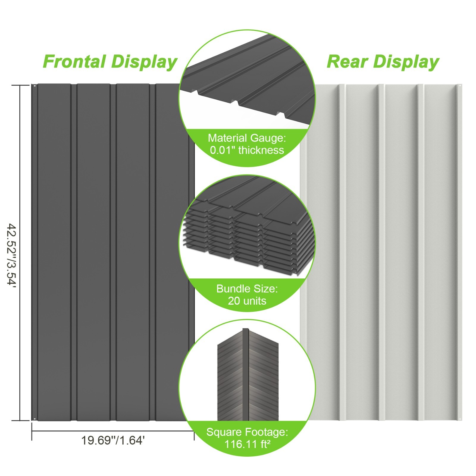 116FT Galvanized Roofing Panel w/Steel Screw for Pergola,Gazebo,Shed(20Pcs,Grey)