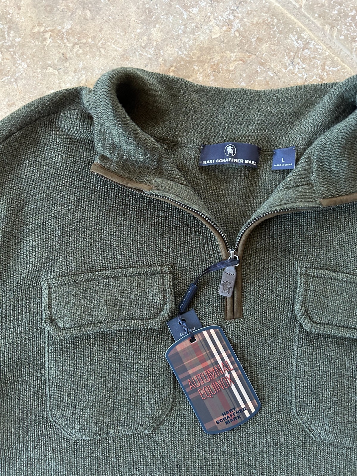 Hart Schaffner Marx 1/4 Zip Sweater Men's L Merino Wool Olive w/Pockets $198 NWT