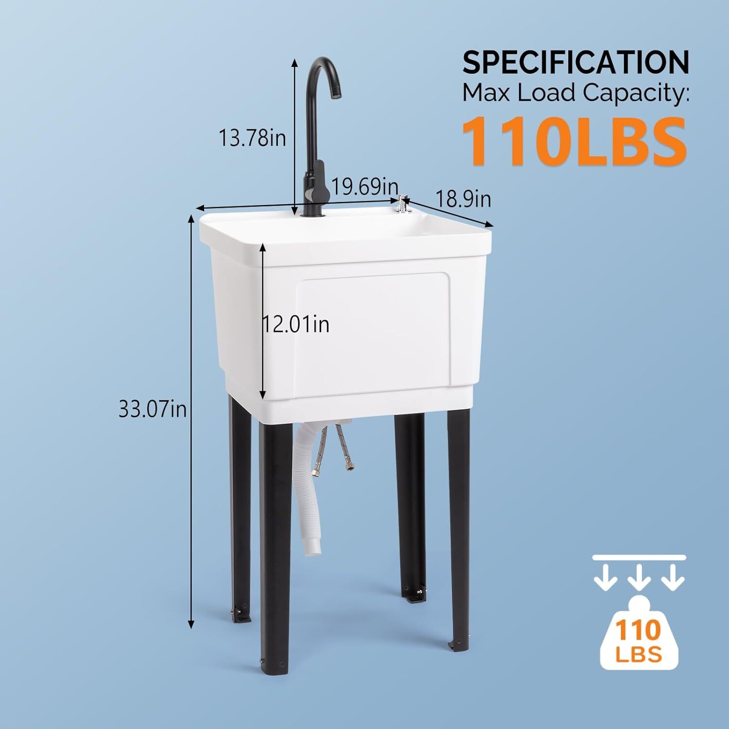 Utility Sink Laundry Tub for Washing Room with Stainless Steel Faucet Space Save