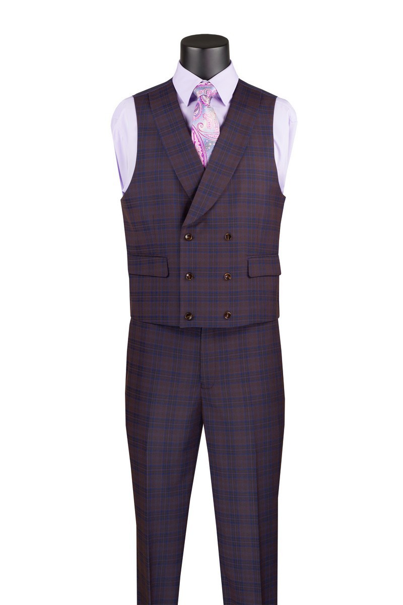 Vinci Men's Modern Fit Glen Plaid Peak Lapel 3-Piece Suit with Vest Purple