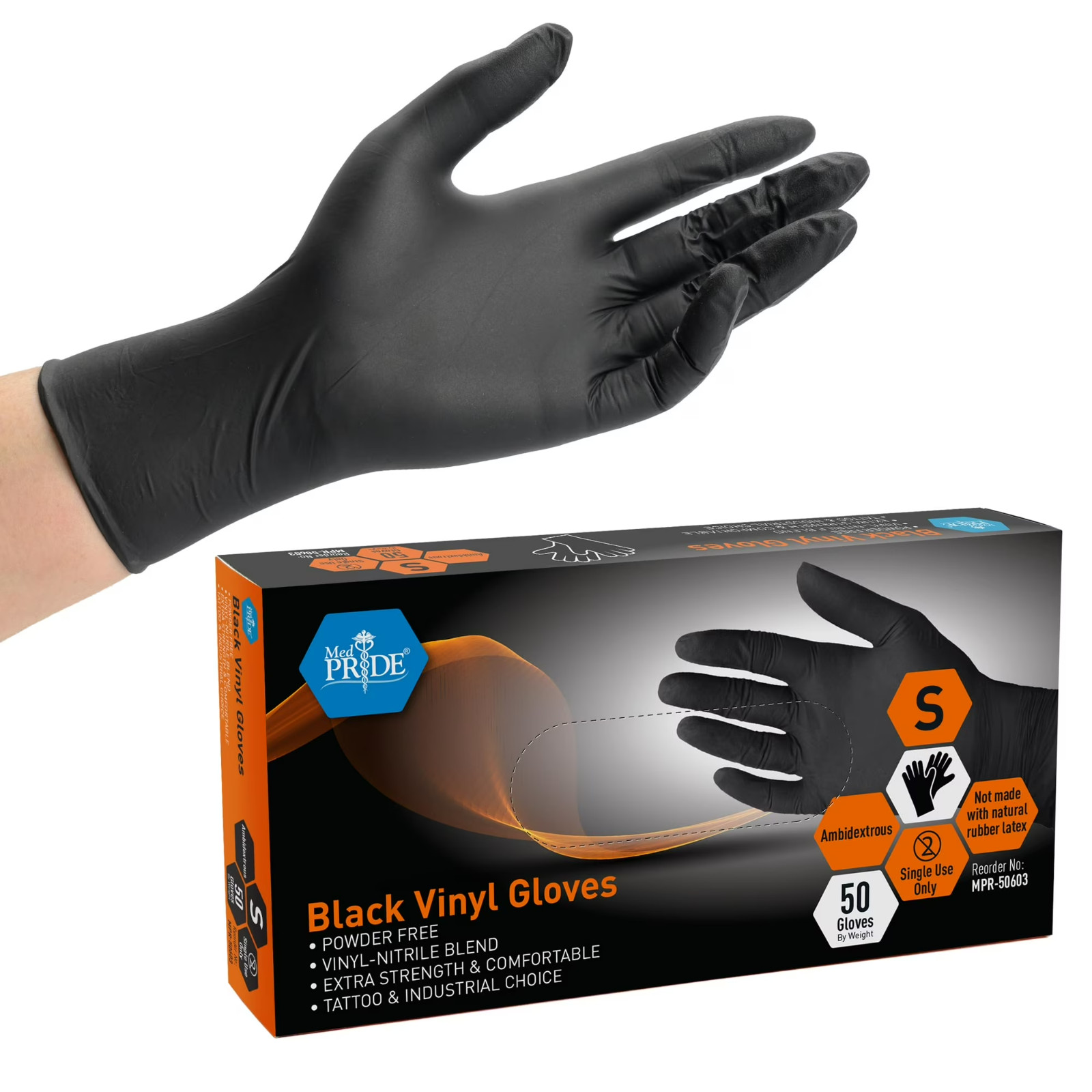 MED PRIDE Black Vinyl Exam Gloves Disposable Powder & Latex-Free Food Safe 100ct