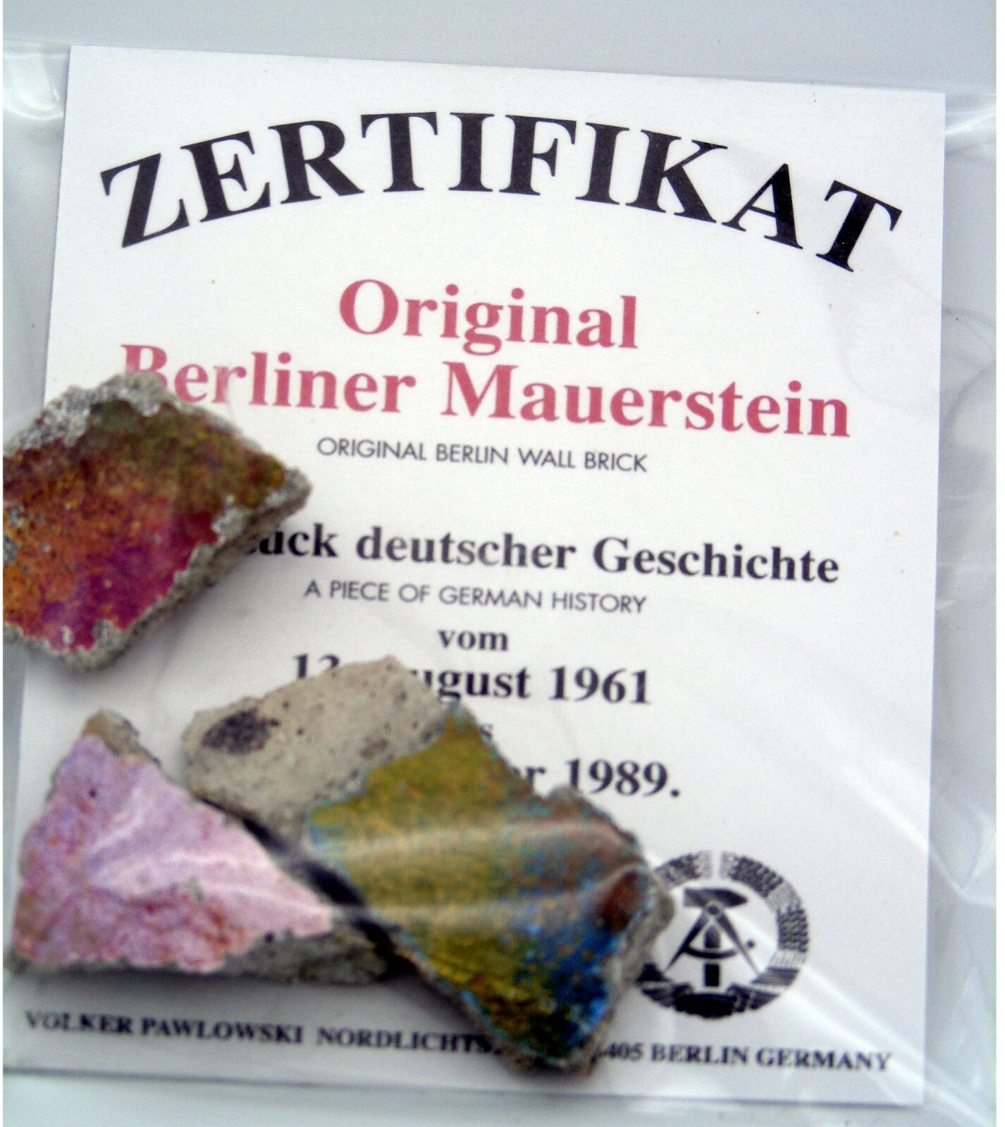 Real Piece of the BERLIN WALL with Certificate of Authenticity, Small