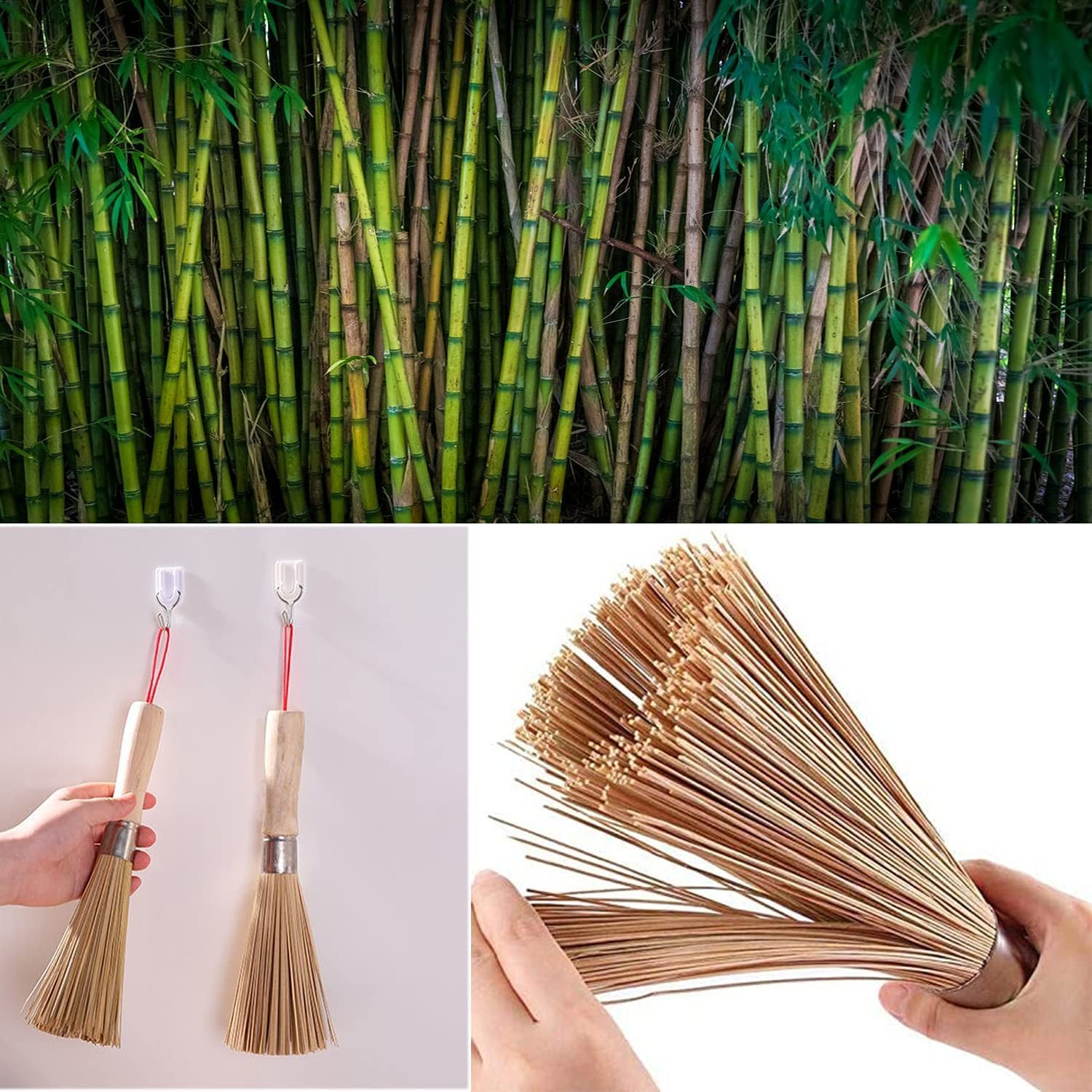 2Pack Traditional Natural Bamboo Wok Brushes, Kitchen Cleaning Brush, Brown