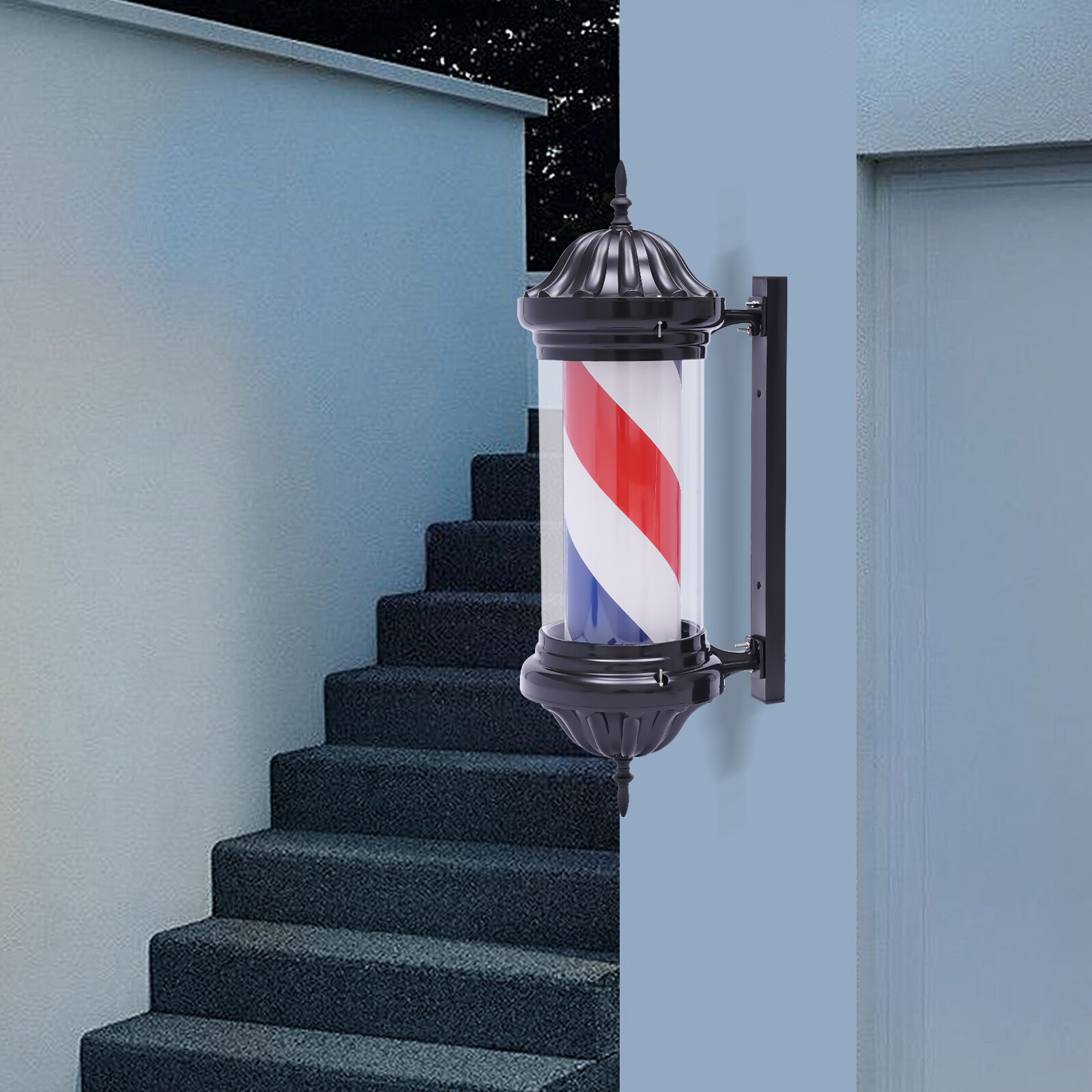 Barber Pole LED Light Red White Blue Rotating Stripes Metal Hair Salon Shop Sign