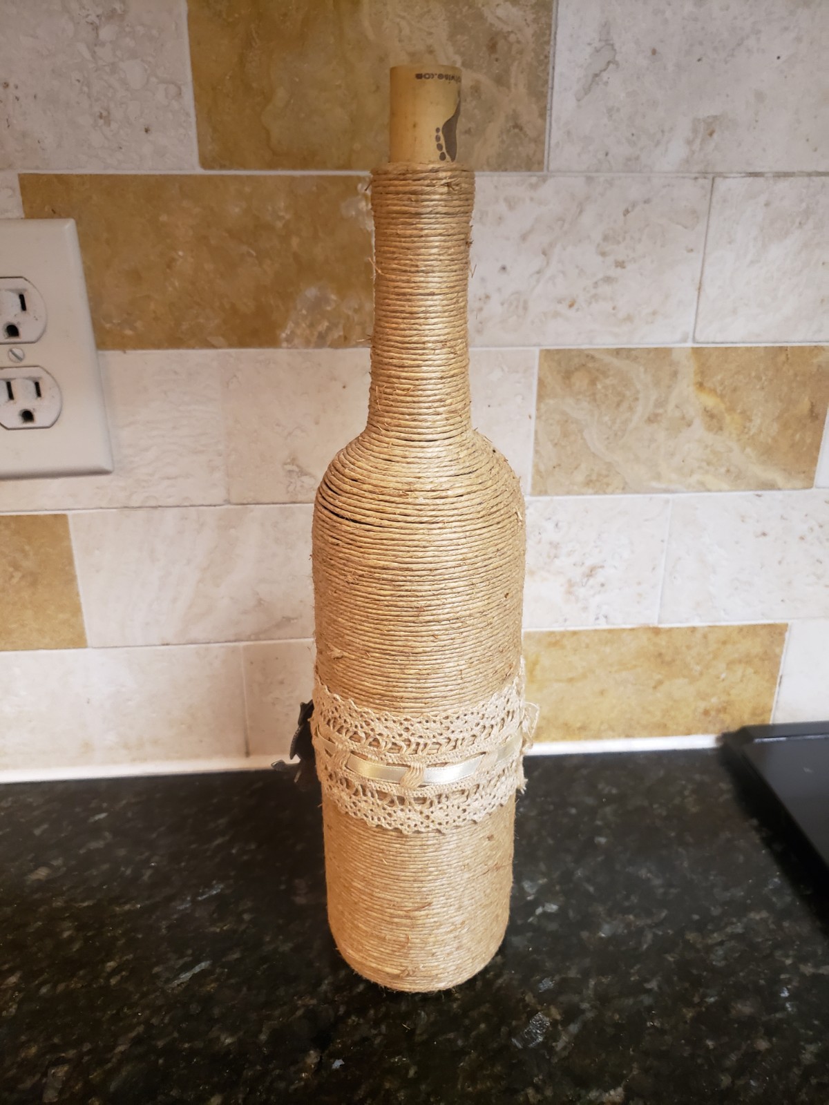 Handmade Twine Wrapped Wine Bottle Flower Vase W Owl Accent