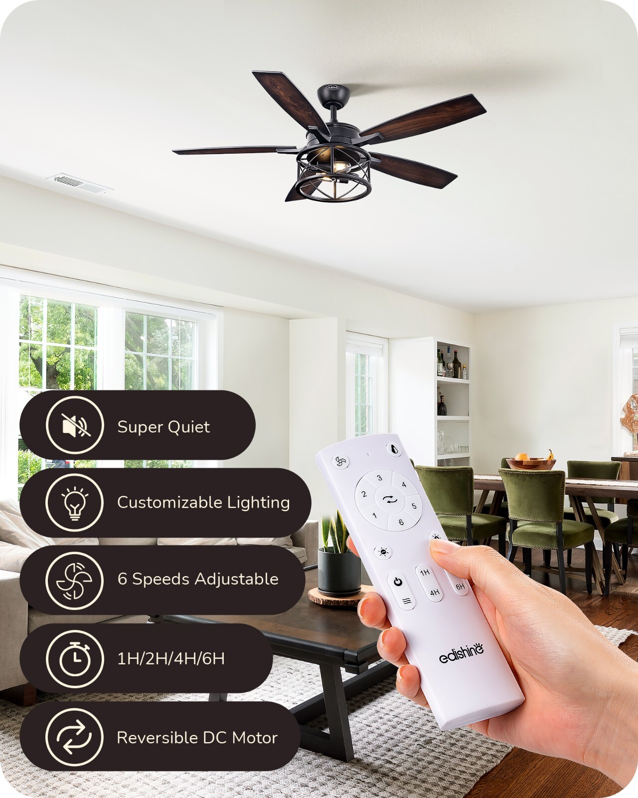 EDISHINE 52 Inch Farmhouse Ceiling Fans With Lights Rustic Ceiling Fan Remote