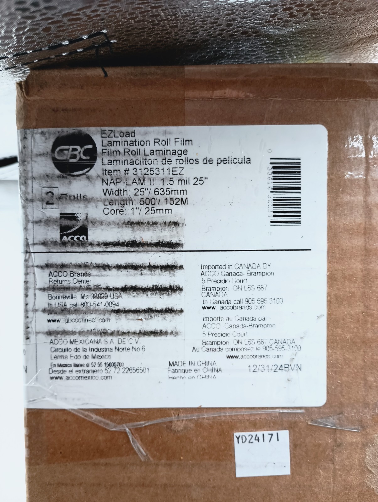 (2) GBC EZ LOAD LAMINATION FILM ROLLS 3125311EZ 25" X 500' NEW FREE SHIP