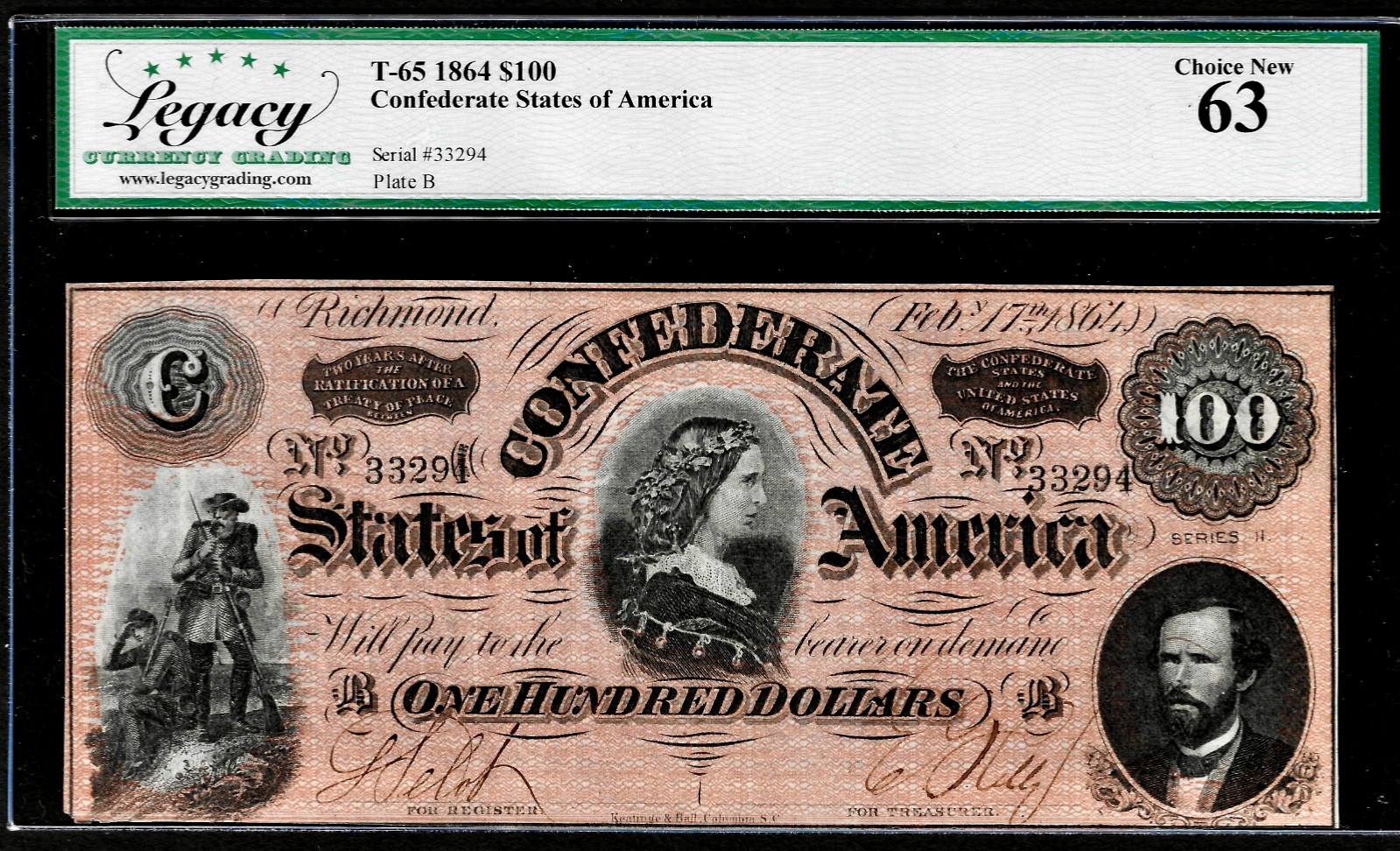 PQ+Color 1864 CSA Confederate States of America $100 Banknote T-65 LCG Choice 63