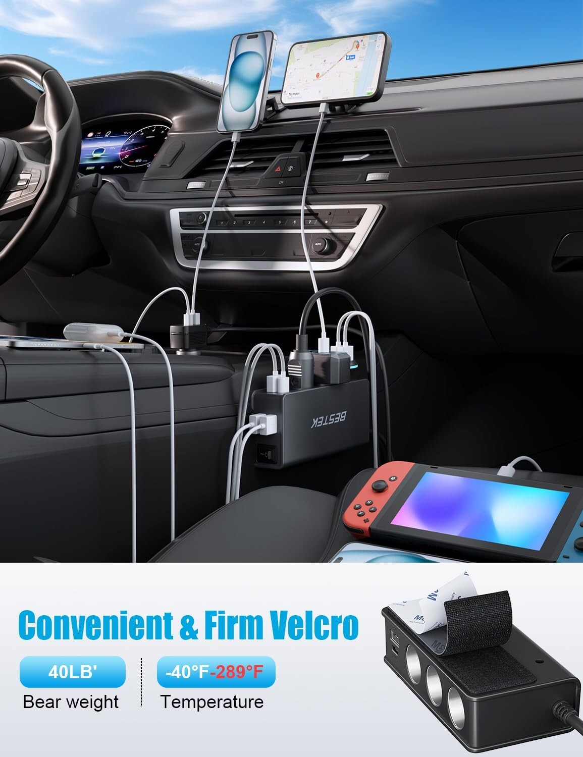 BESTEK 9 in 1 Car Charger 148W 3-Socket PD 30W and QC3.0 18W Charging Ports LED