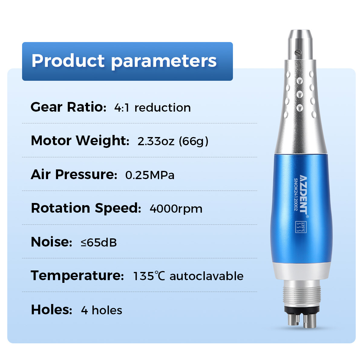 AZDENT Dental Hygiene Prophy Handpiece Air Motor 4HOLE 4:1 Nose Cone 360° Swivel