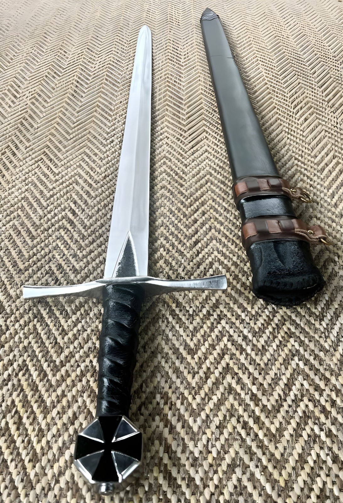 Custom Handmade Teutonic Knight Sword Replica-Medieval Design & Leather Scabbard