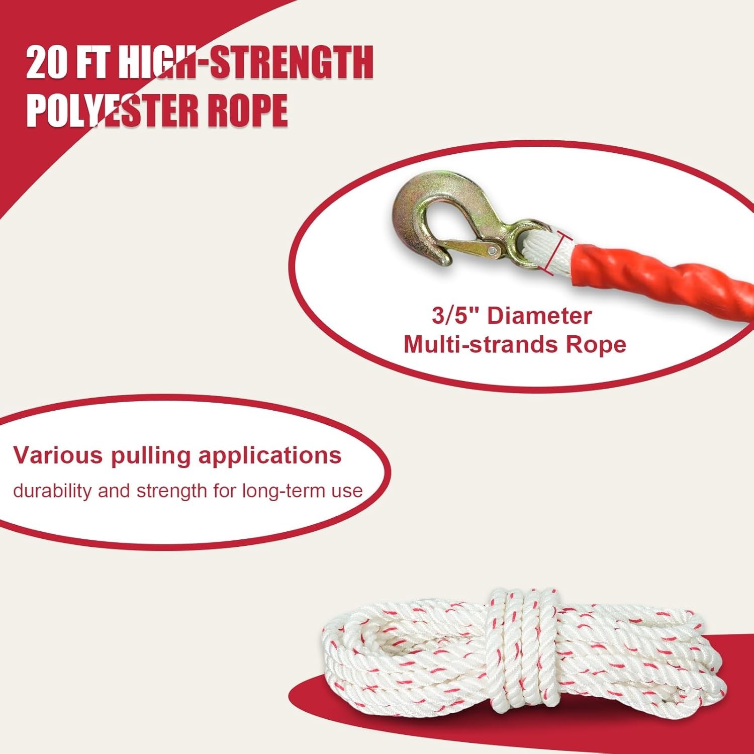 Rope Puller 1-1/2 Ton 3300 lbs Capacity with 20' of 0.6" Diameter Rope 2 Hook Co