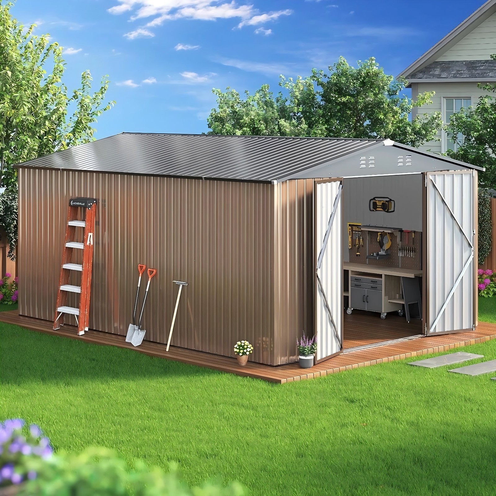 10x14 FT Outdoor Storage Shed with Frame Structure and Lockable Doors,Brown