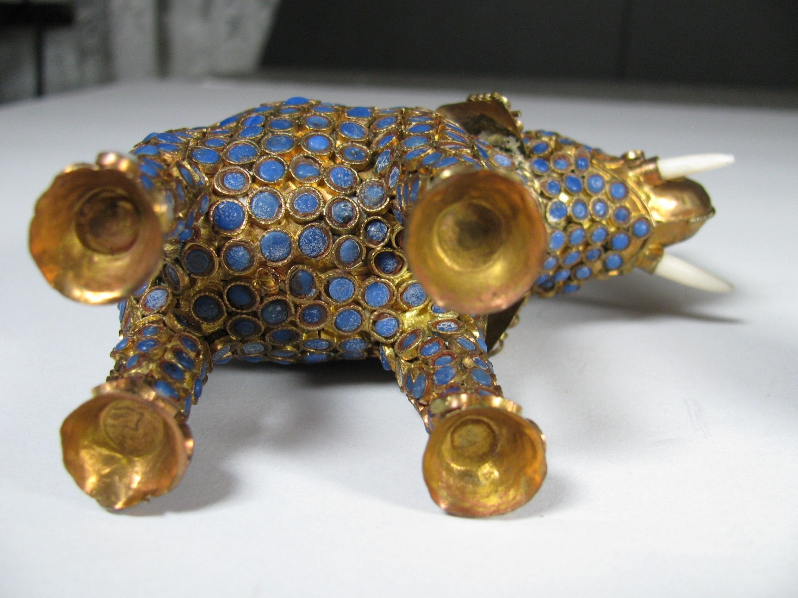 Lot 2 Vintag Tibet or Nepal Elephant Brass Lapis Coral Inlaid Filigree Figurine