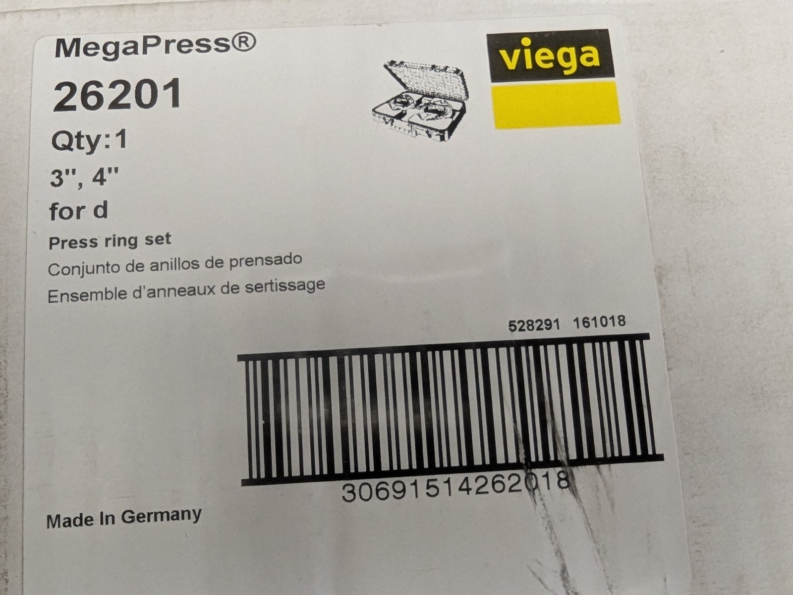 NEW VIEGA RIDGID MegaPress 26201 Ring Set ( 3" & 4") Made in Germany- F. Ship