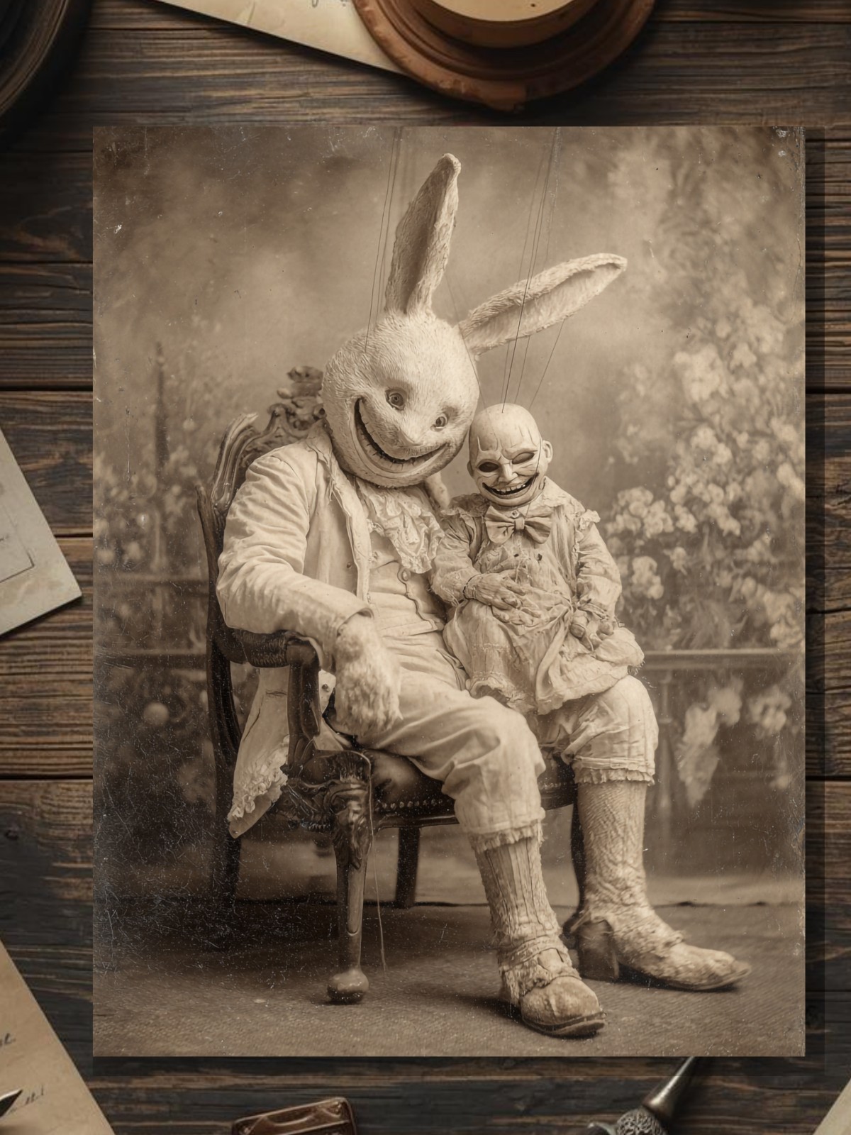 Macabre Vintage Victorian Bunny and Puppet Easter Card Gothic Marionette