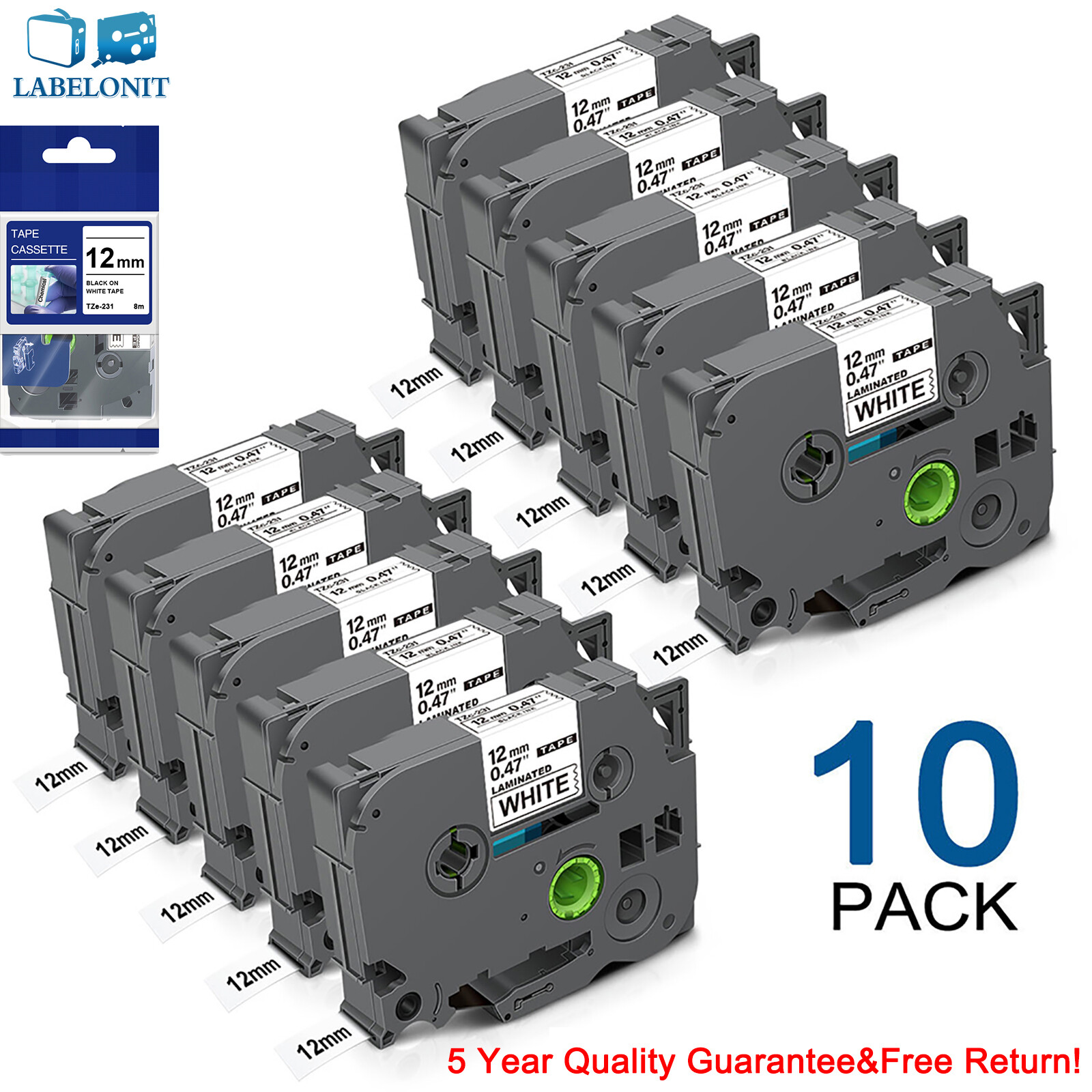 10PK For Brother P-Touch TZe-231 TZ-231 12mm White Standard Laminated Label Tape