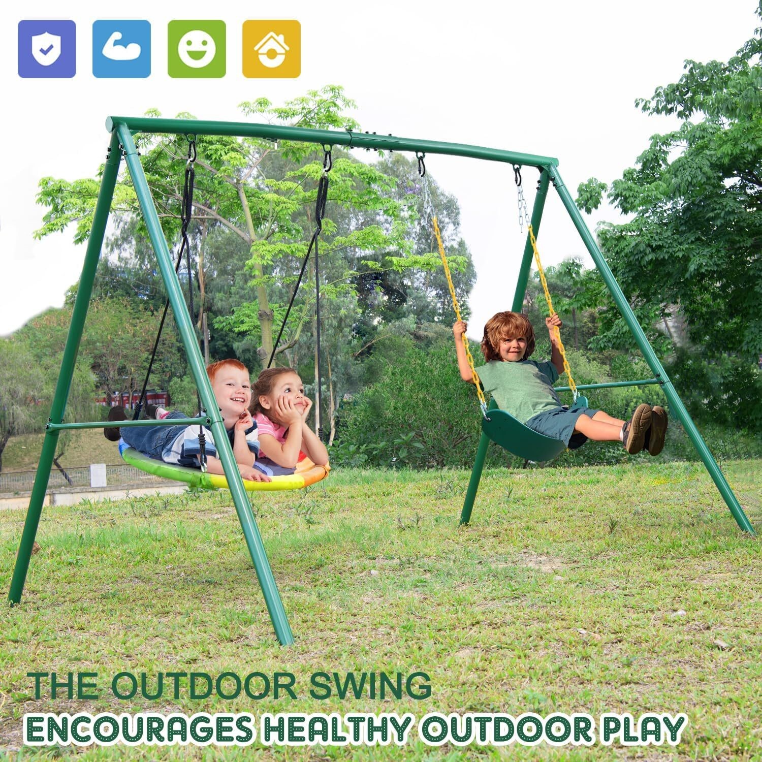 440lb 2 Seats Metal Swing Set Kids Adult Backyard Outdoor Heavy Duty Swing Stand