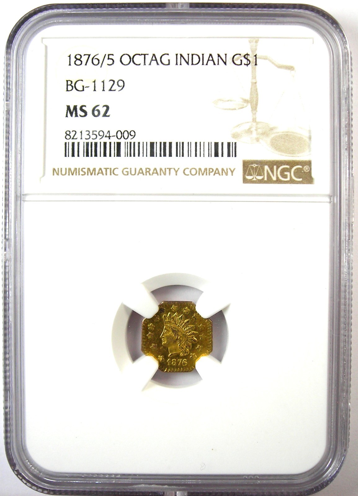 1876/5 Indian California Gold Dollar $1 Coin BG-1129 - NGC MS62 (BU UNC)