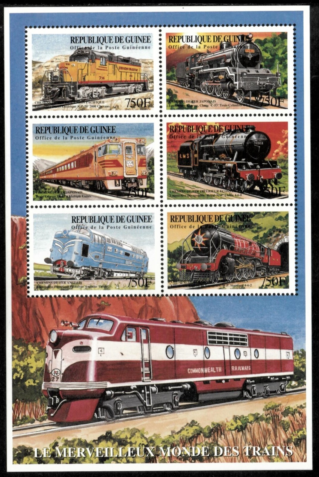 Guinea 1999 - Trains - Sheet of 6 Stamps - Scott #1547 - MNH