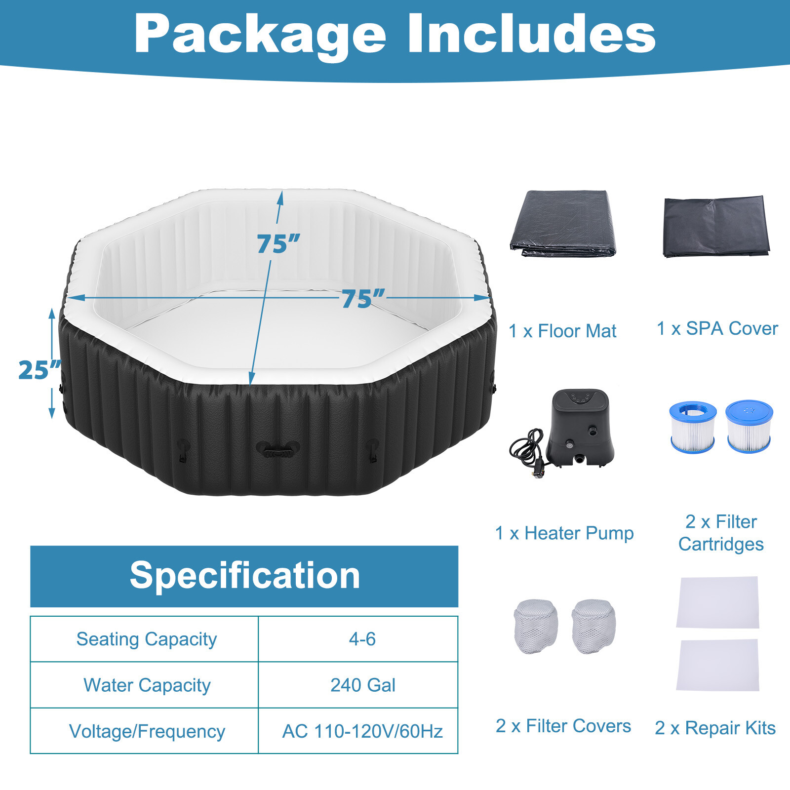 NAIZEA 6 Person Inflatable Hot Tub 75x75x25 Spa with 130 Soothing Jets and Cover